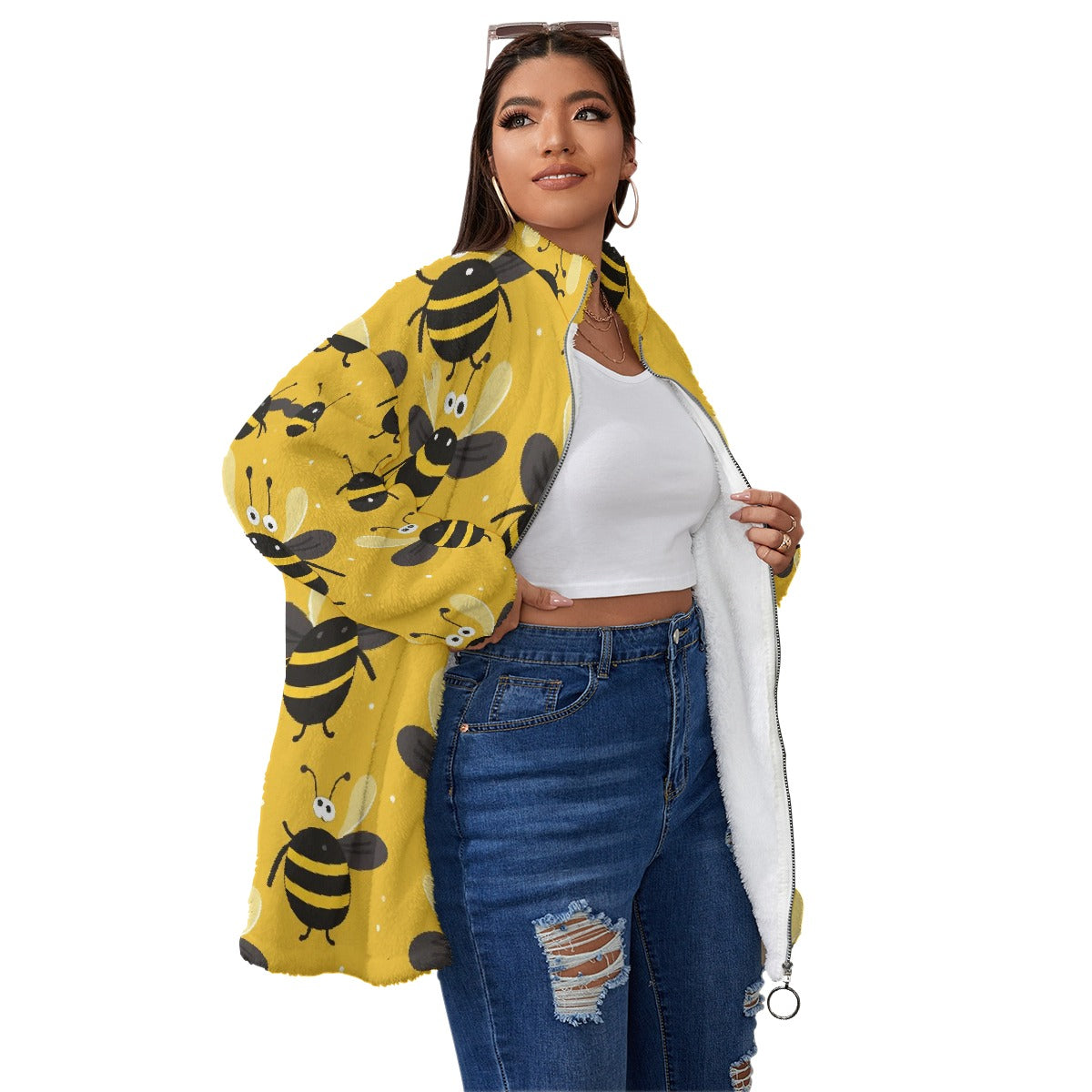 All-Over Print Unisex Borg Fleece Stand-up Collar Coat With Zipper Closure(Plus Size)