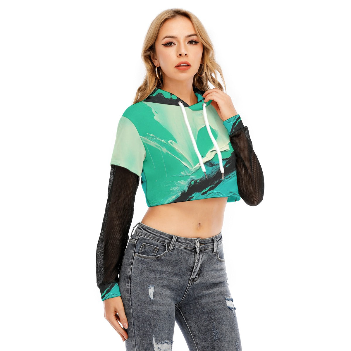All-Over Print Women's Fake Two-piece Mesh Sleeve Cropped Hoodie