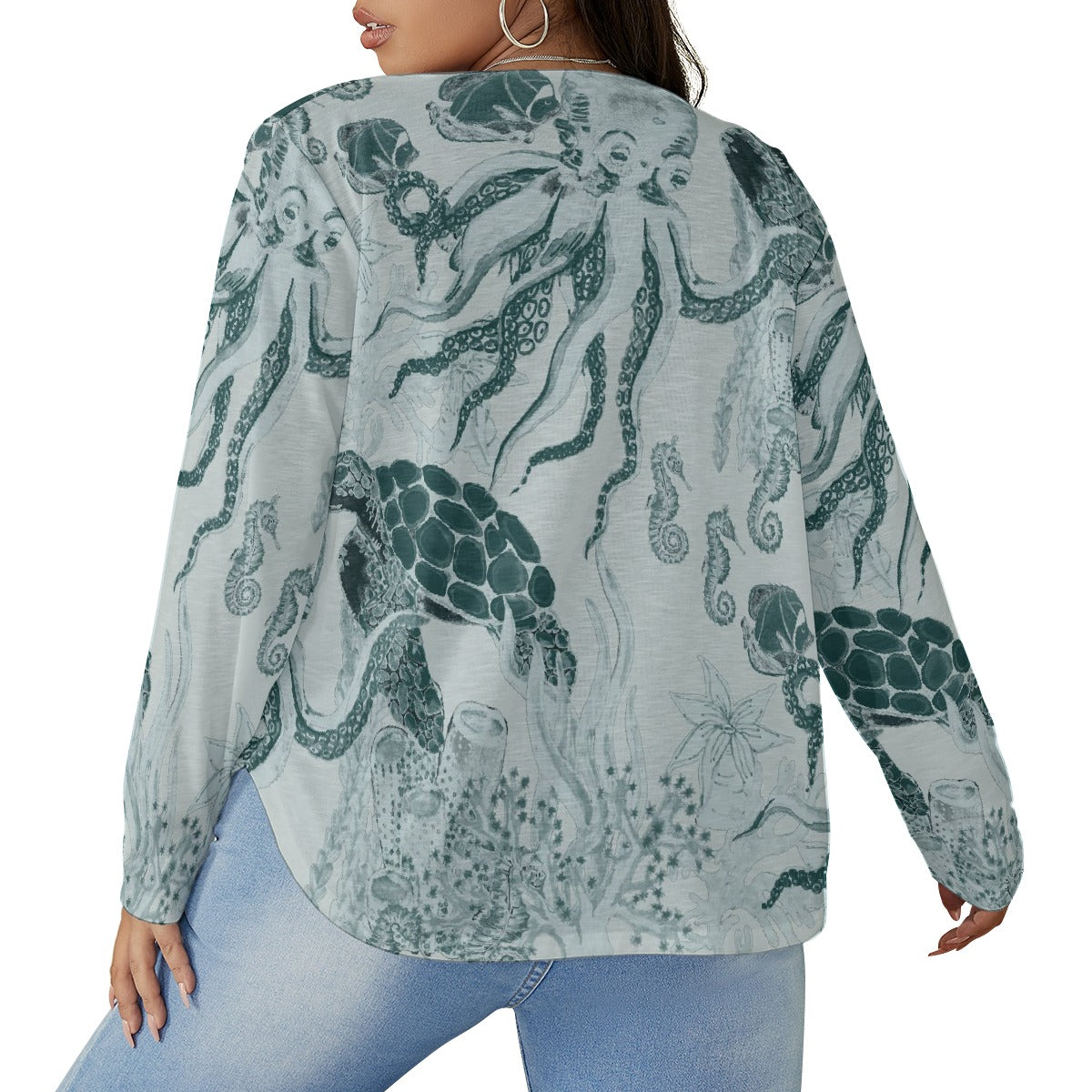 All-Over Print Women's V-neck T-shirt With Curved Hem(Plus Size)