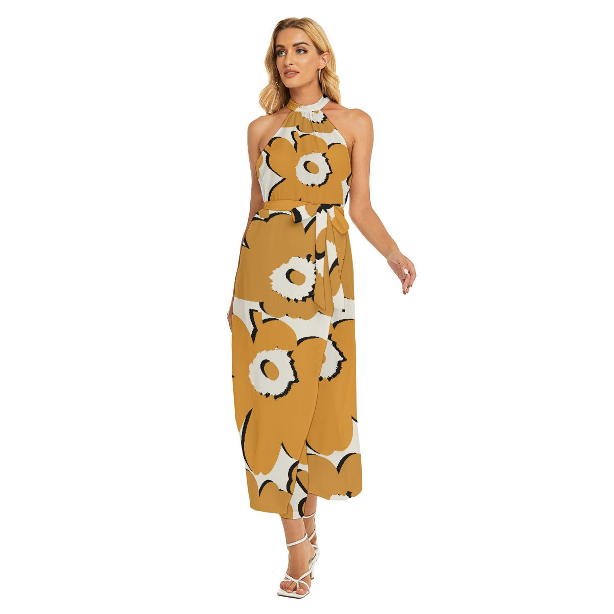 All-Over Print Women's Wrap Hem Belted Halter Dress