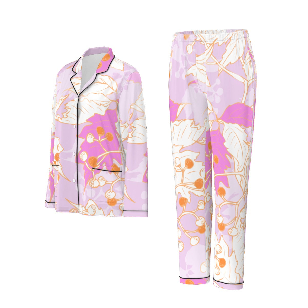 All-Over Print Women's Long Sleeve Pajama Set With Black Contrast Piping