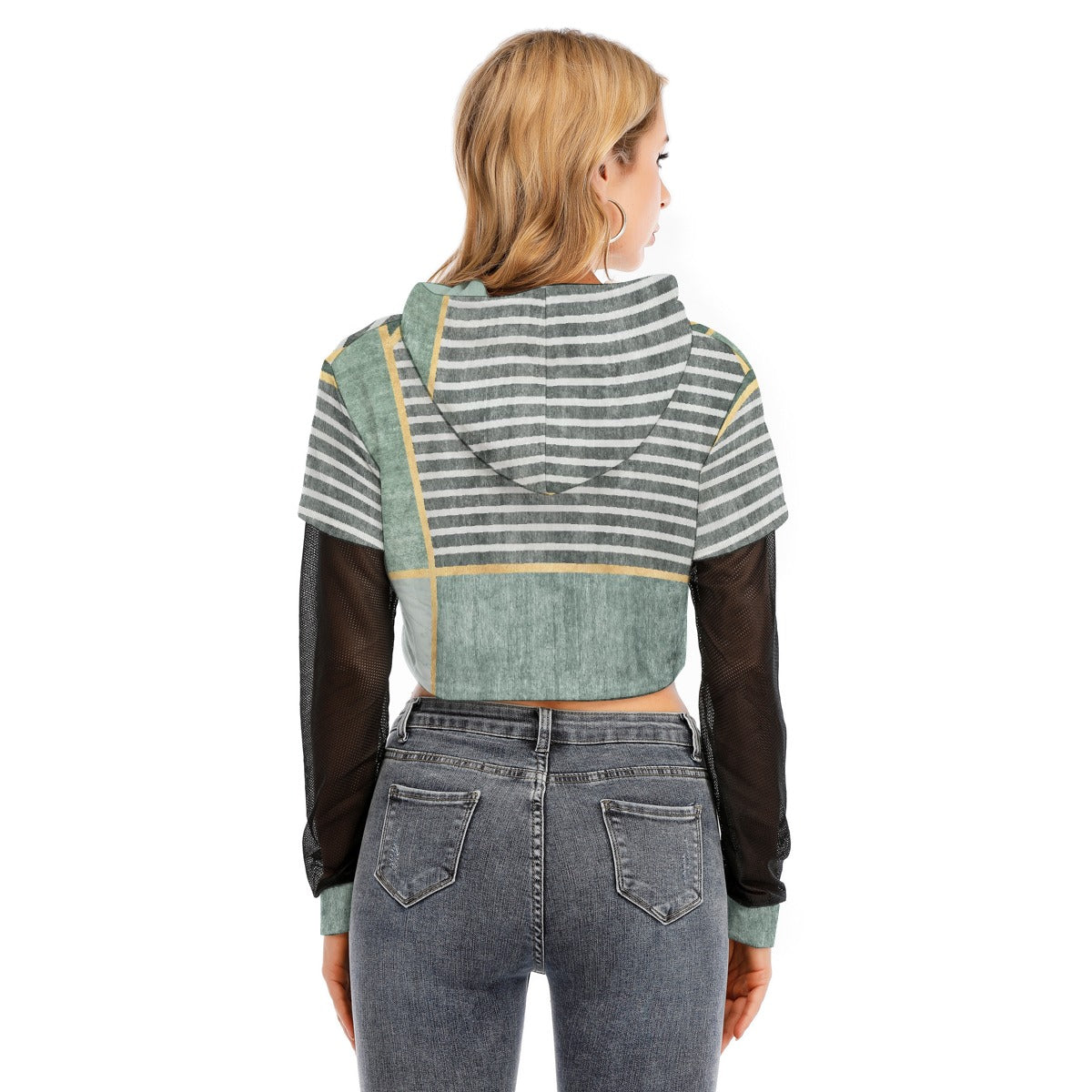 All-Over Print Women's Fake Two-piece Mesh Sleeve Cropped Hoodie