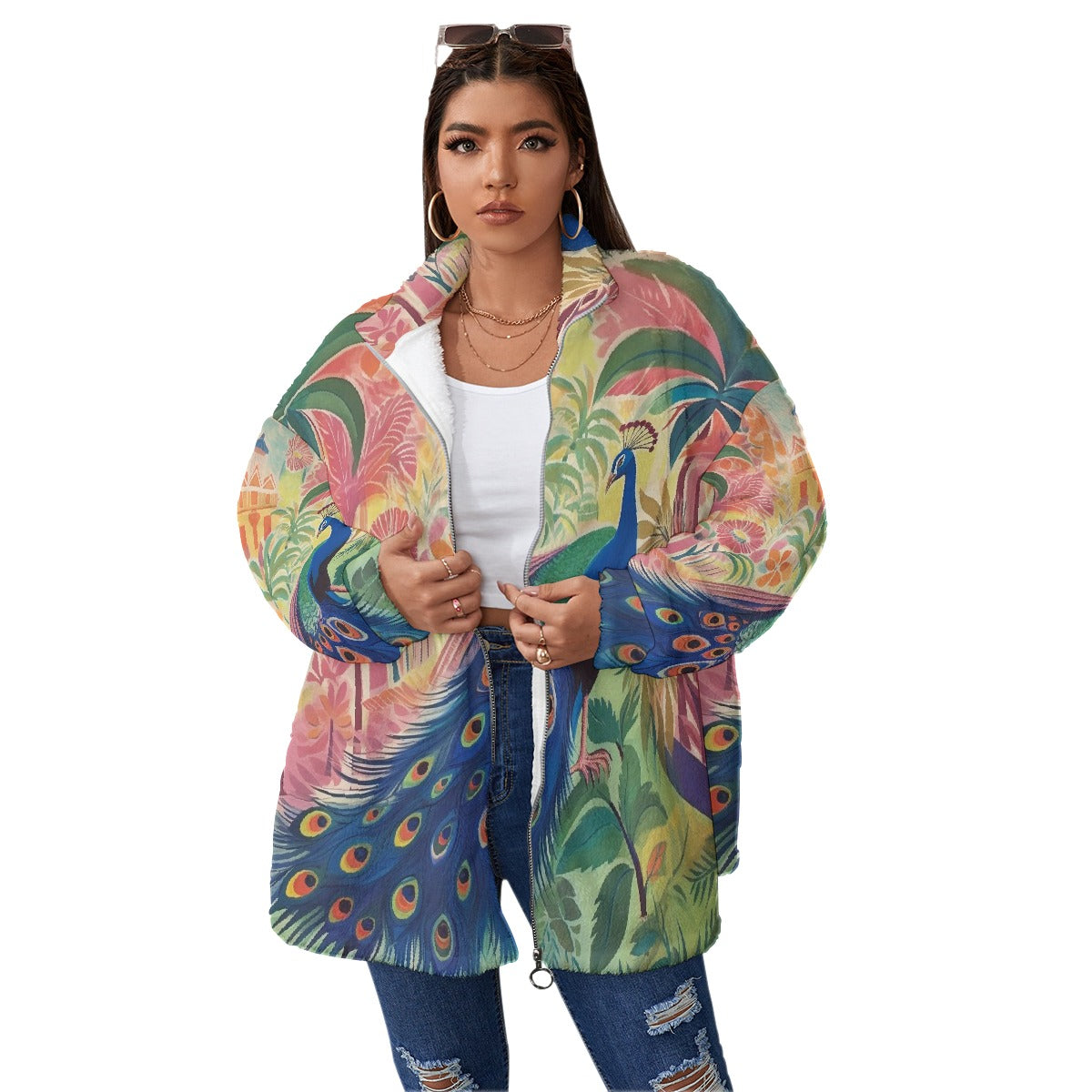 All-Over Print Unisex Borg Fleece Stand-up Collar Coat With Zipper Closure(Plus Size)