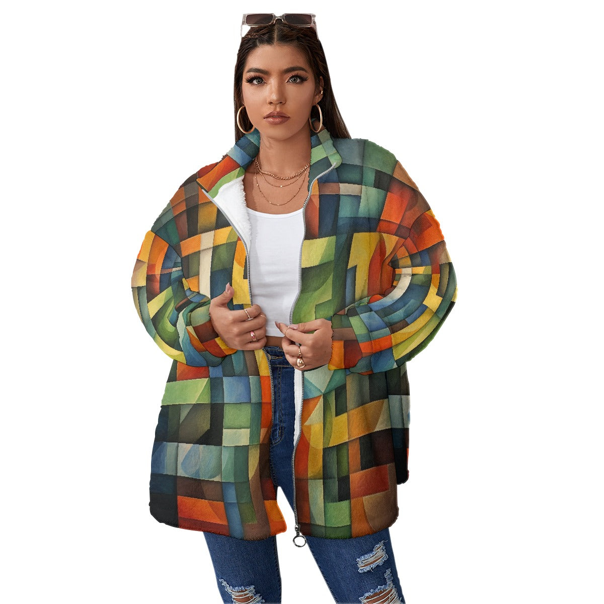 All-Over Print Unisex Borg Fleece Stand-up Collar Coat With Zipper Closure(Plus Size)