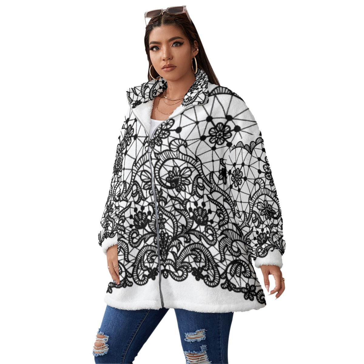 All-Over Print Unisex Borg Fleece Stand-up Collar Coat With Zipper Closure(Plus Size)