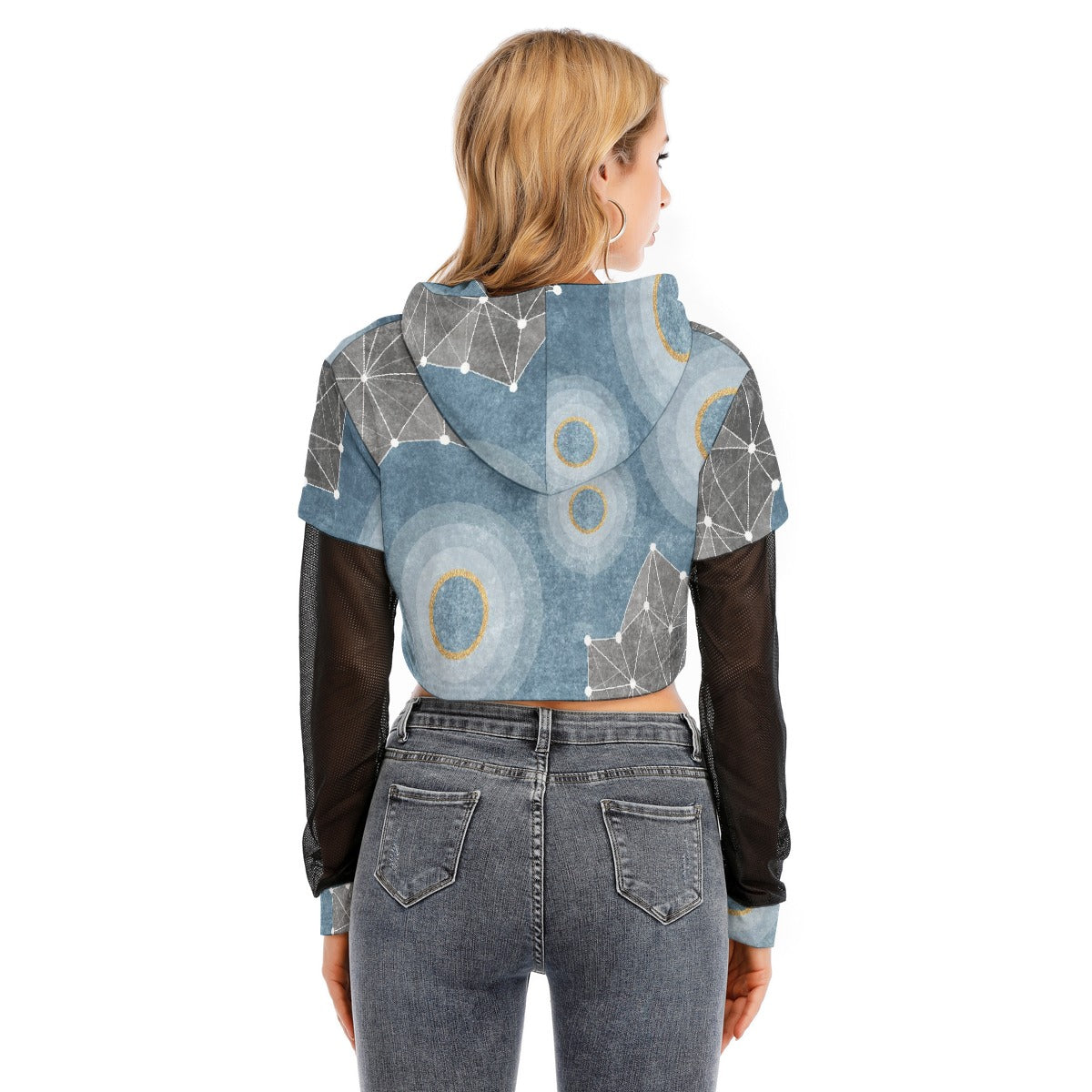 All-Over Print Women's Fake Two-piece Mesh Sleeve Cropped Hoodie