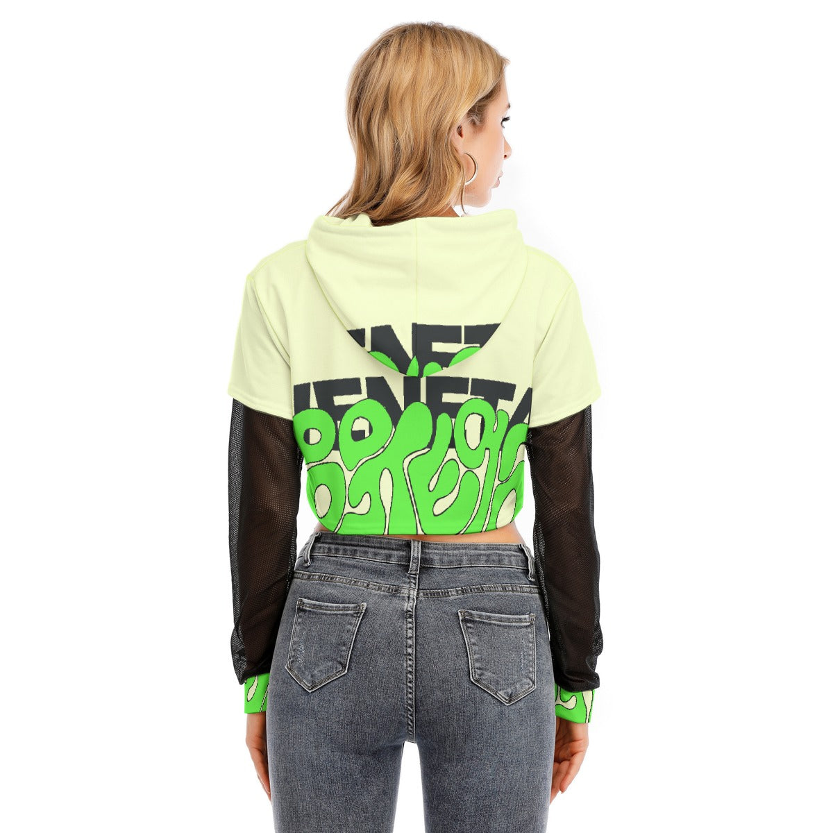 All-Over Print Women's Fake Two-piece Mesh Sleeve Cropped Hoodie