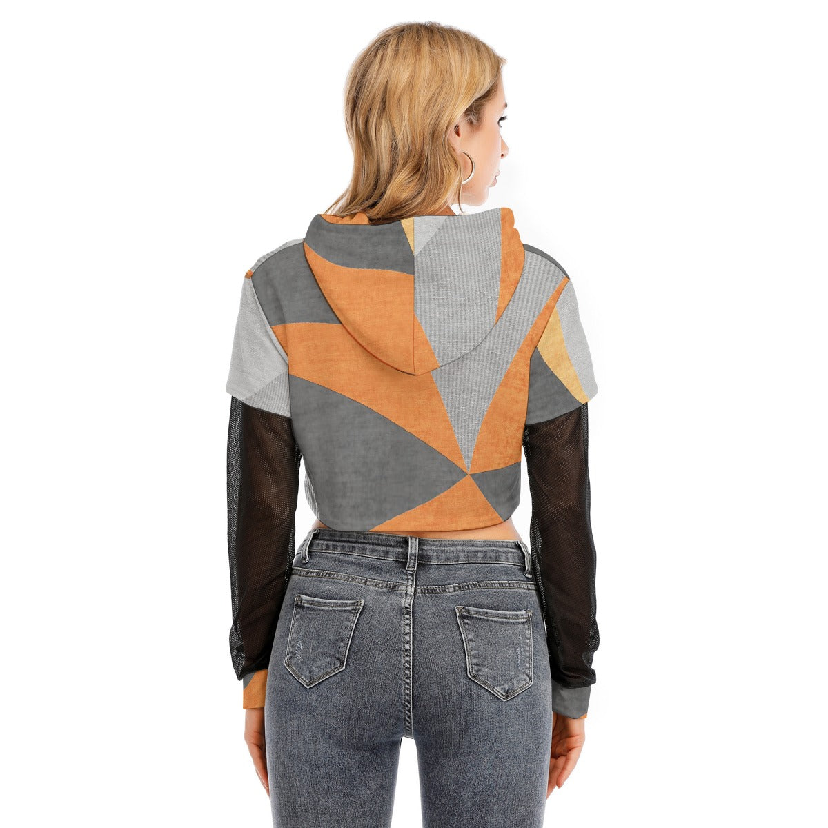All-Over Print Women's Fake Two-piece Mesh Sleeve Cropped Hoodie