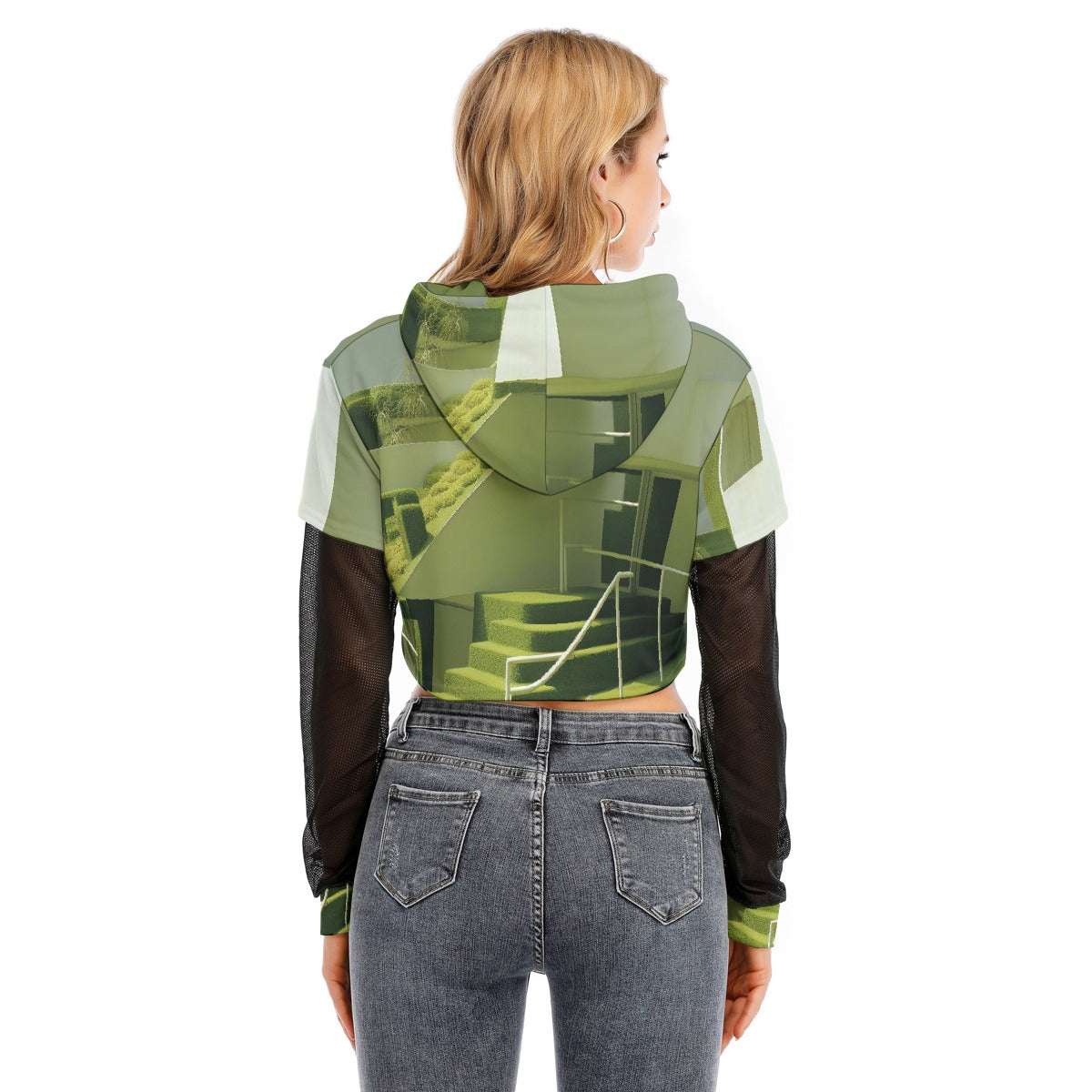 All-Over Print Women's Fake Two-piece Mesh Sleeve Cropped Hoodie