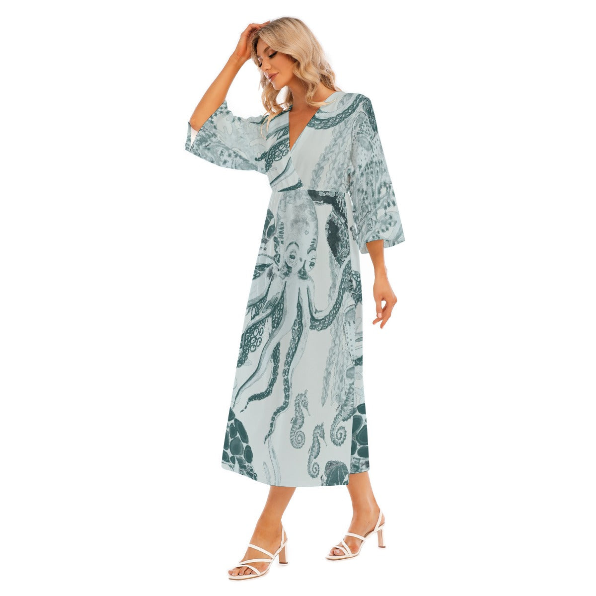 All-Over Print Women's Mid-Sleeve Long Dress