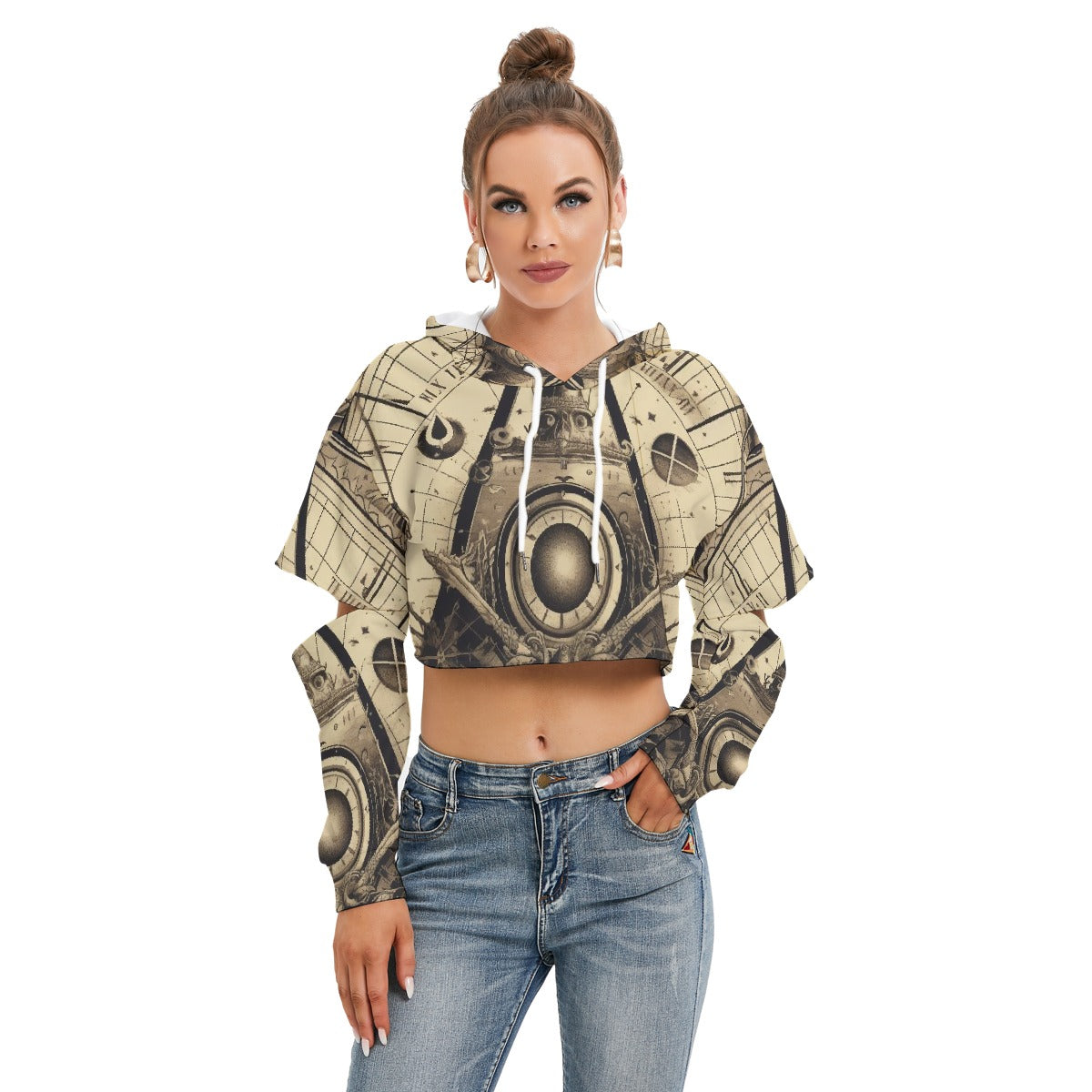 All-Over Print Women's Heavy Fleece Hoodie With Hollow Out Sleeve