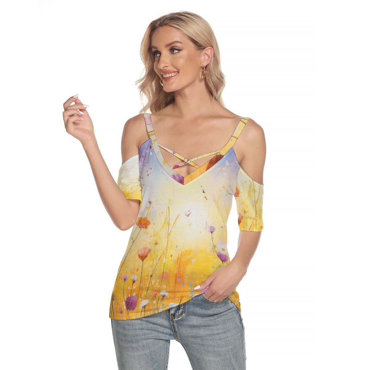 All-Over Print Women's Cold Shoulder T-shirt With Criss Cross Strips