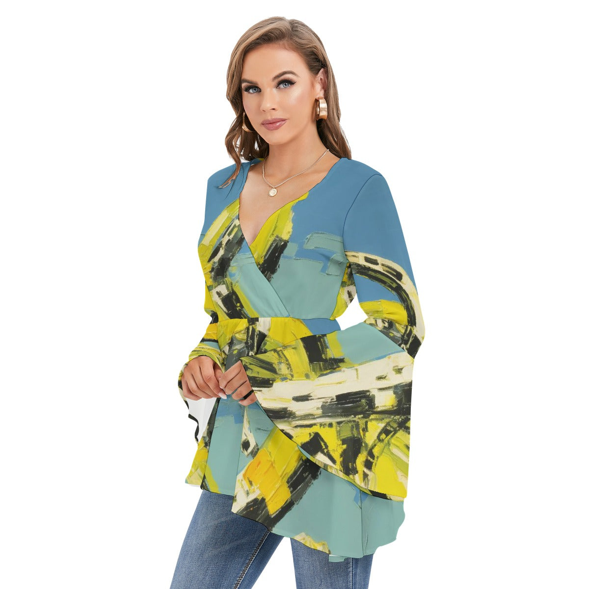 All-Over Print Women's V-neck Blouse With Flared Sleeves
