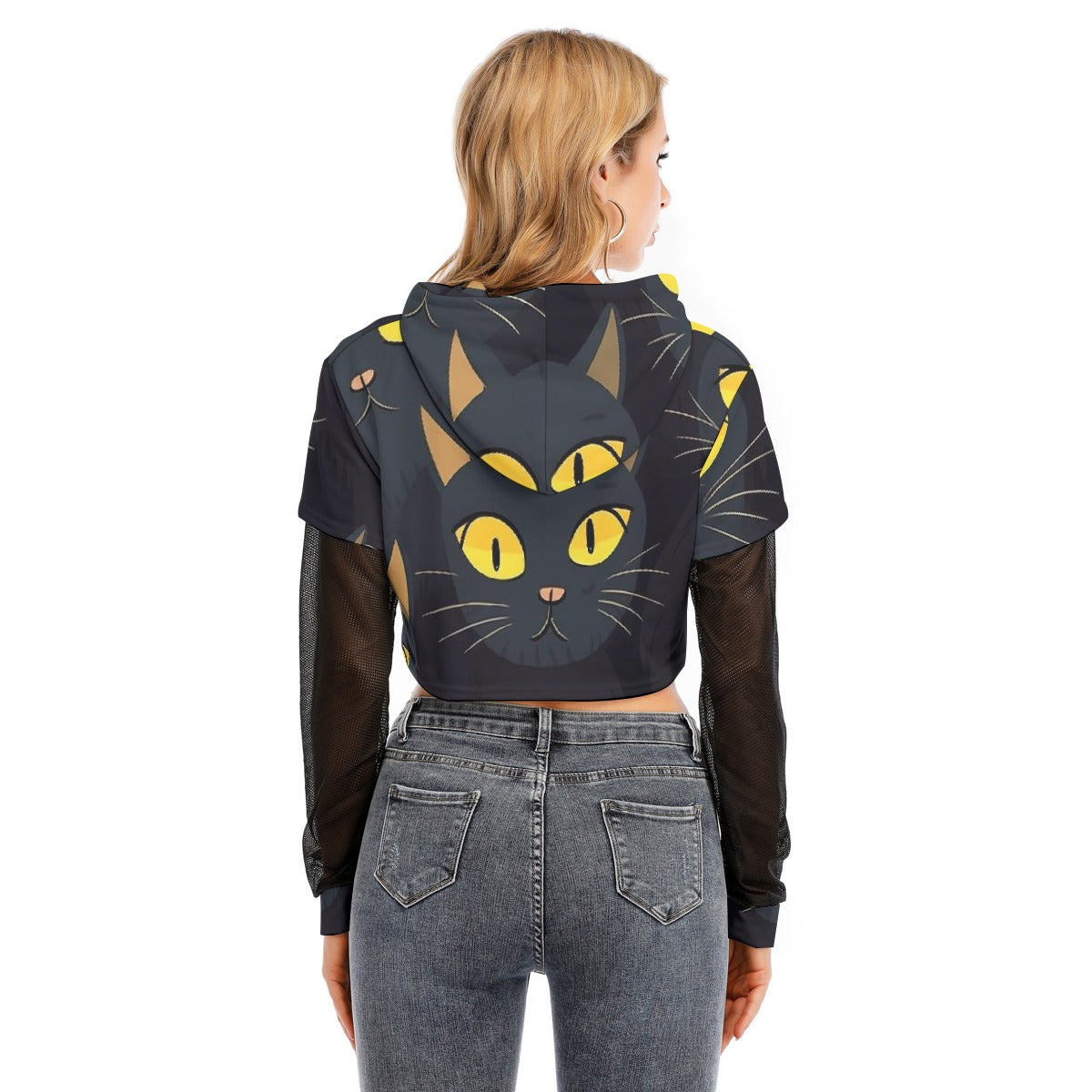 All-Over Print Women's Fake Two-piece Mesh Sleeve Cropped Hoodie
