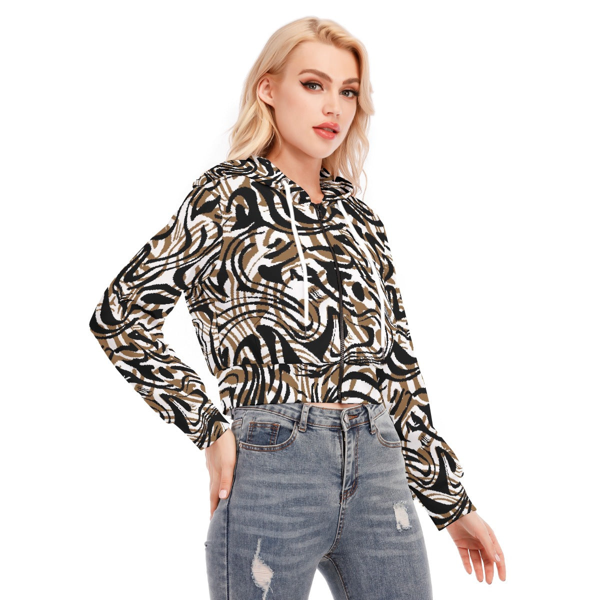 All-Over Print Women's Crop Top Hoodie With Zipper Closure