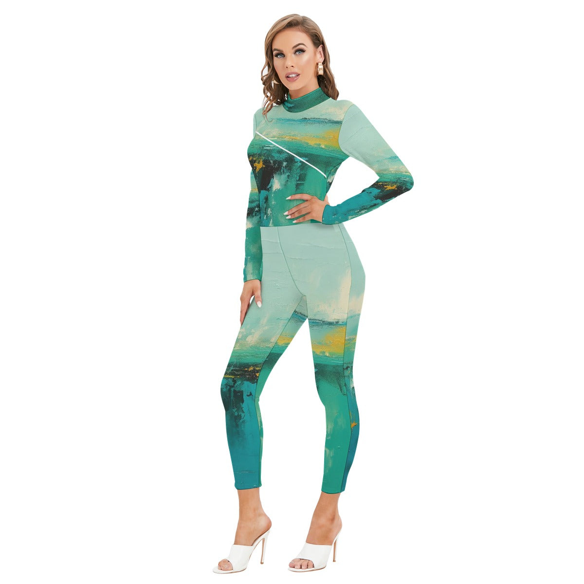 All-Over Print Women's Long-sleeved High-neck Jumpsuit With Zipper
