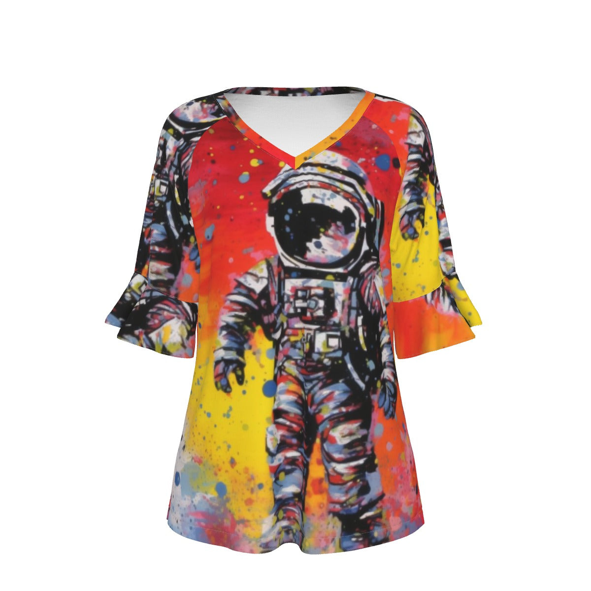 All-Over Print V-neck Women's T-shirt With Bell Sleeve