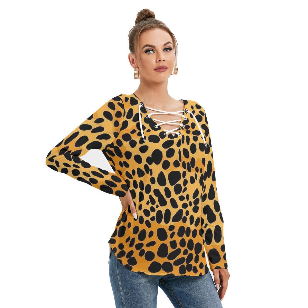 All-Over Print Women's Long Sleeve Neckline Tie Sweatshirt