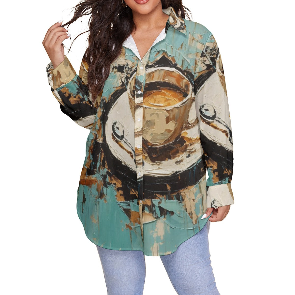 All-Over Print Women's Shirt With Long Sleeve(Plus Size)
