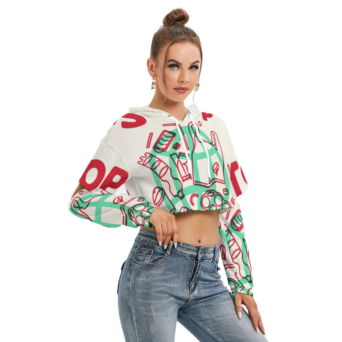 All-Over Print Women's Heavy Fleece Hoodie With Hollow Out Sleeve