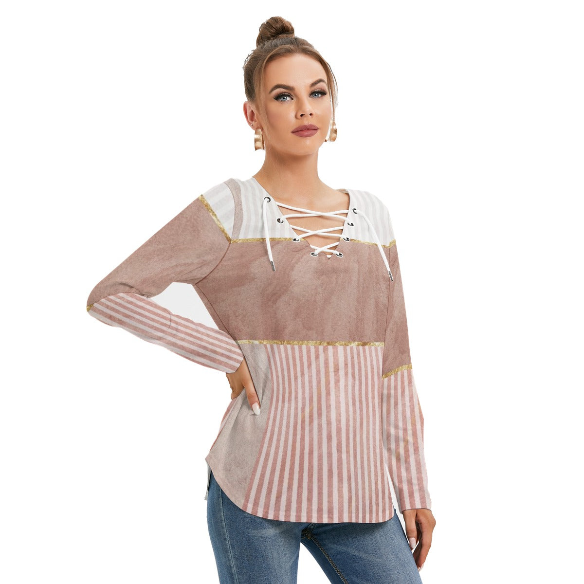 All-Over Print Women's Long Sleeve Neckline Tie Sweatshirt