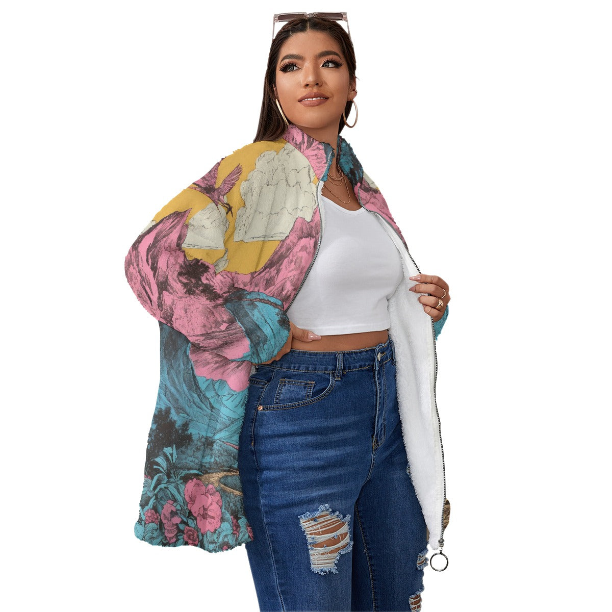 All-Over Print Unisex Borg Fleece Stand-up Collar Coat With Zipper Closure(Plus Size)