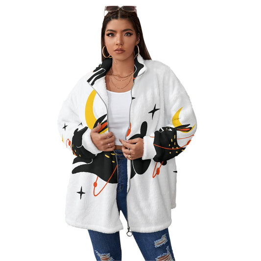 All-Over Print Unisex Borg Fleece Stand-up Collar Coat With Zipper Closure(Plus Size)