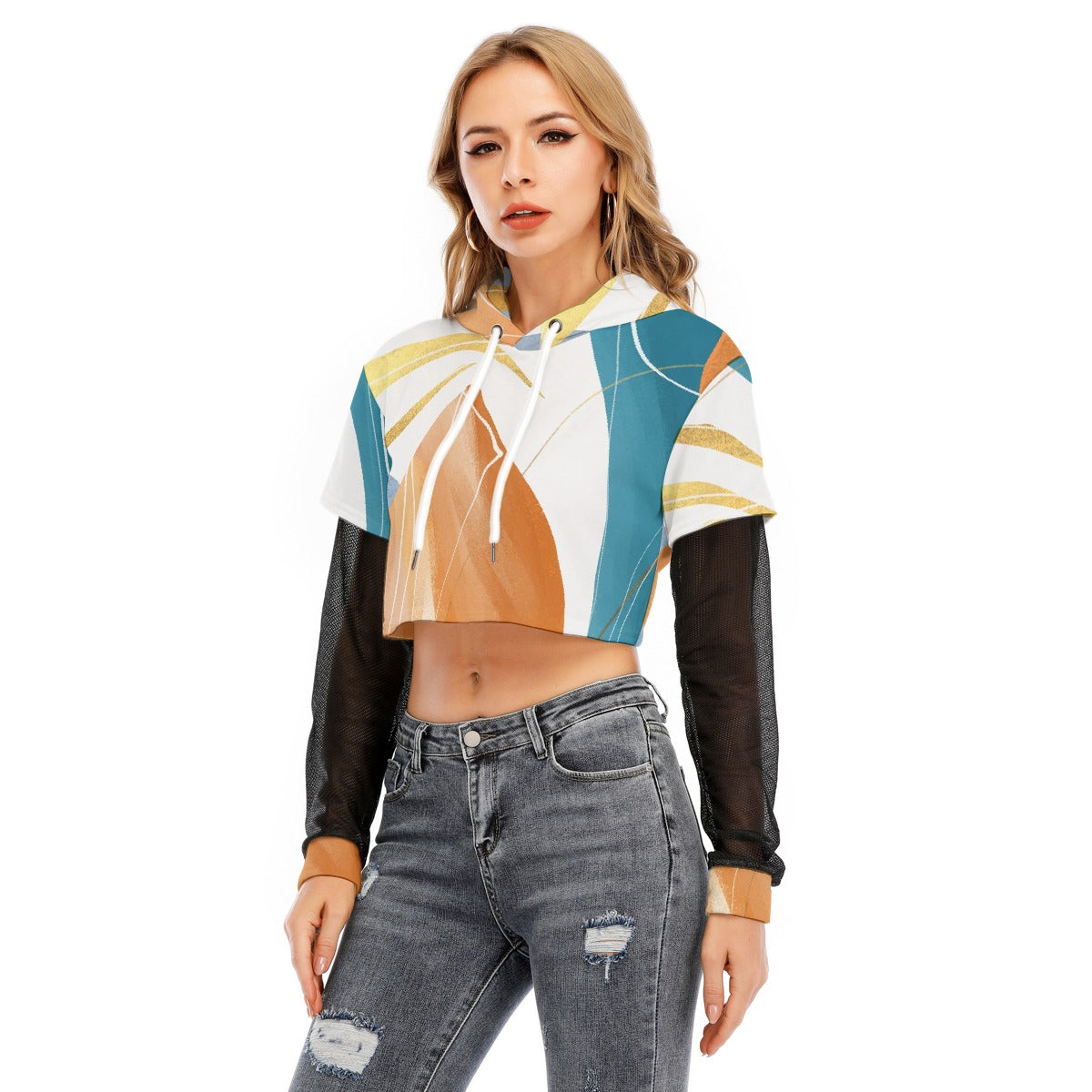 All-Over Print Women's Fake Two-piece Mesh Sleeve Cropped Hoodie