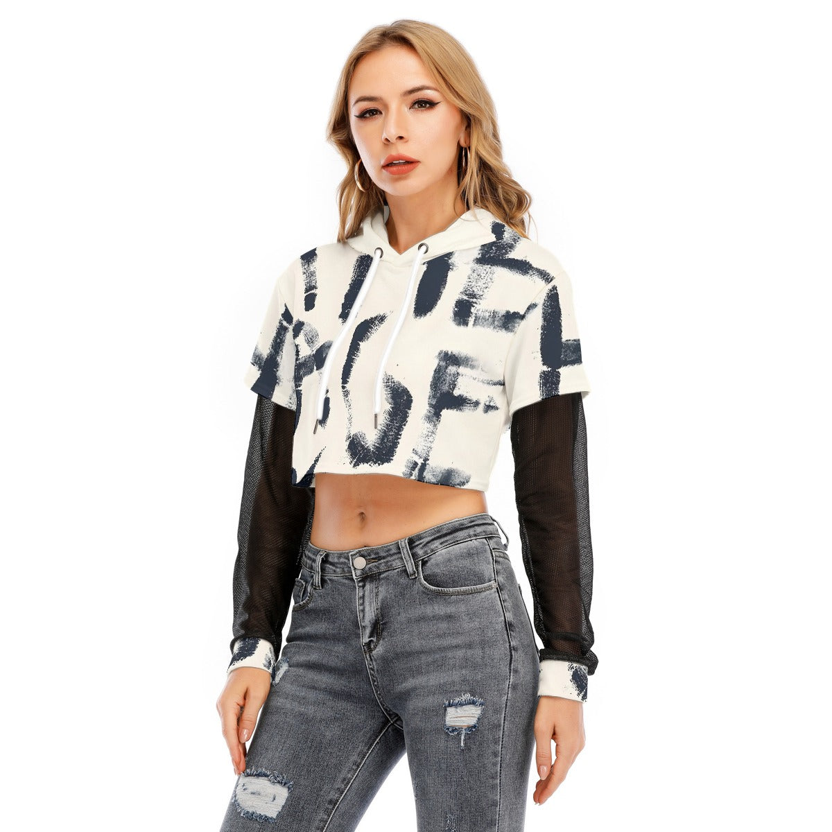 All-Over Print Women's Fake Two-piece Mesh Sleeve Cropped Hoodie