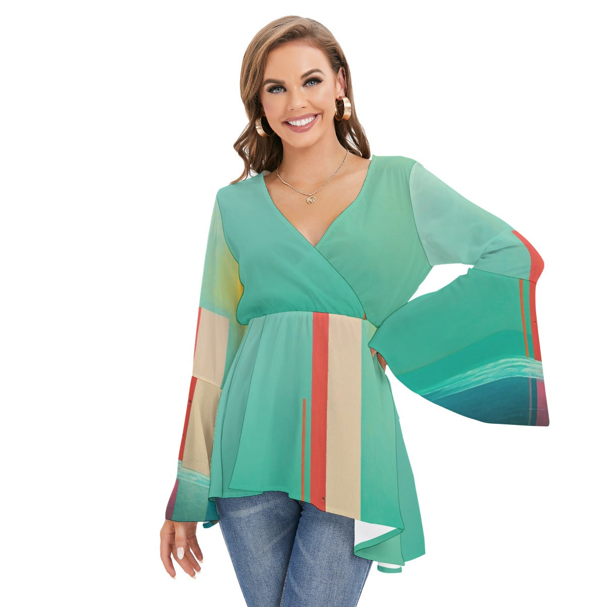 All-Over Print Women's V-neck Blouse With Flared Sleeves