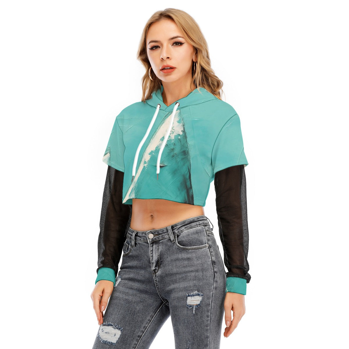 All-Over Print Women's Fake Two-piece Mesh Sleeve Cropped Hoodie