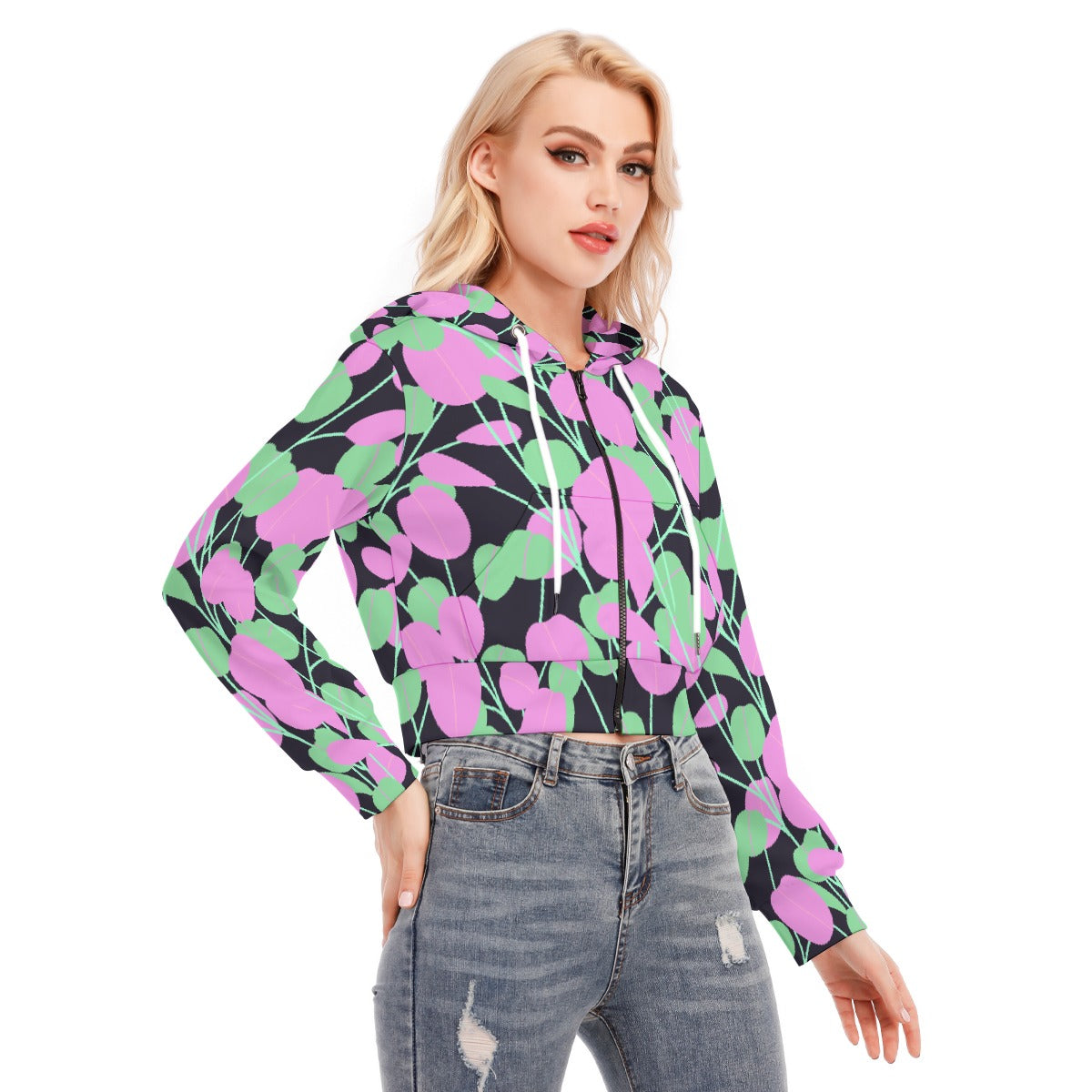 All-Over Print Women's Crop Top Hoodie With Zipper Closure