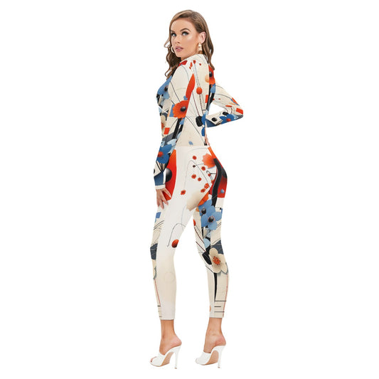 All-Over Print Women's Long-sleeved High-neck Jumpsuit With Zipper