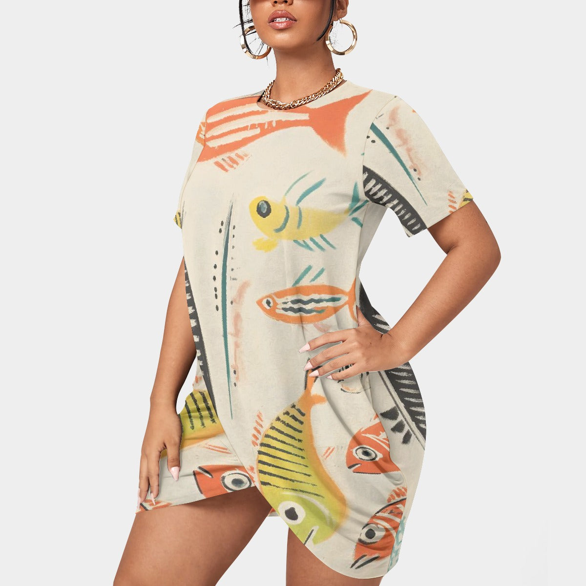 All-Over Print Women’s Stacked Hem Dress With Short Sleeve（Plus Size）
