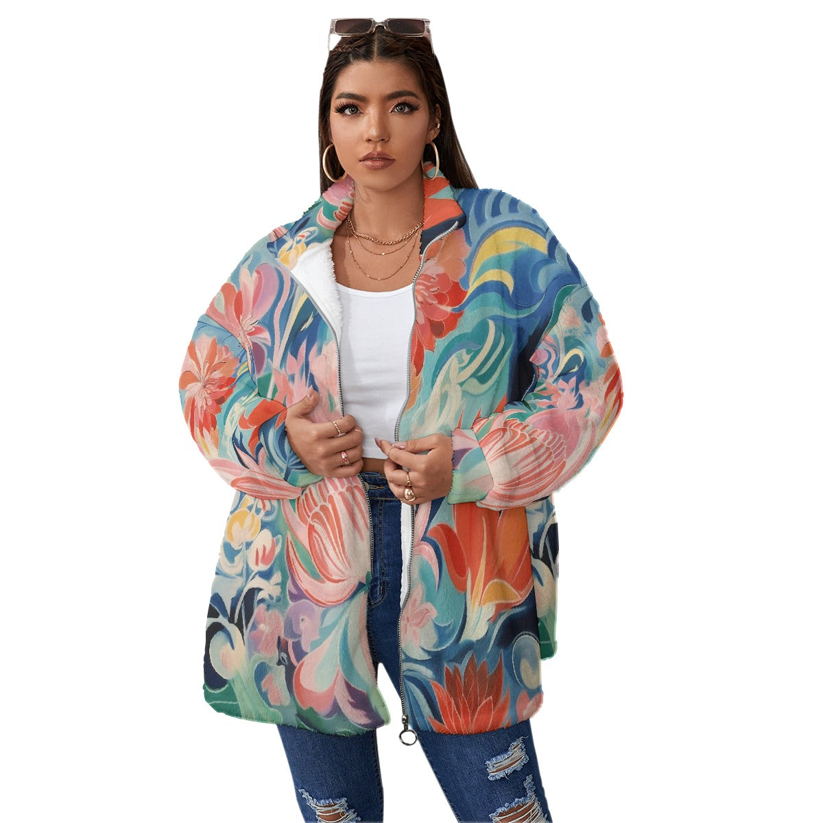 All-Over Print Unisex Borg Fleece Stand-up Collar Coat With Zipper Closure(Plus Size)