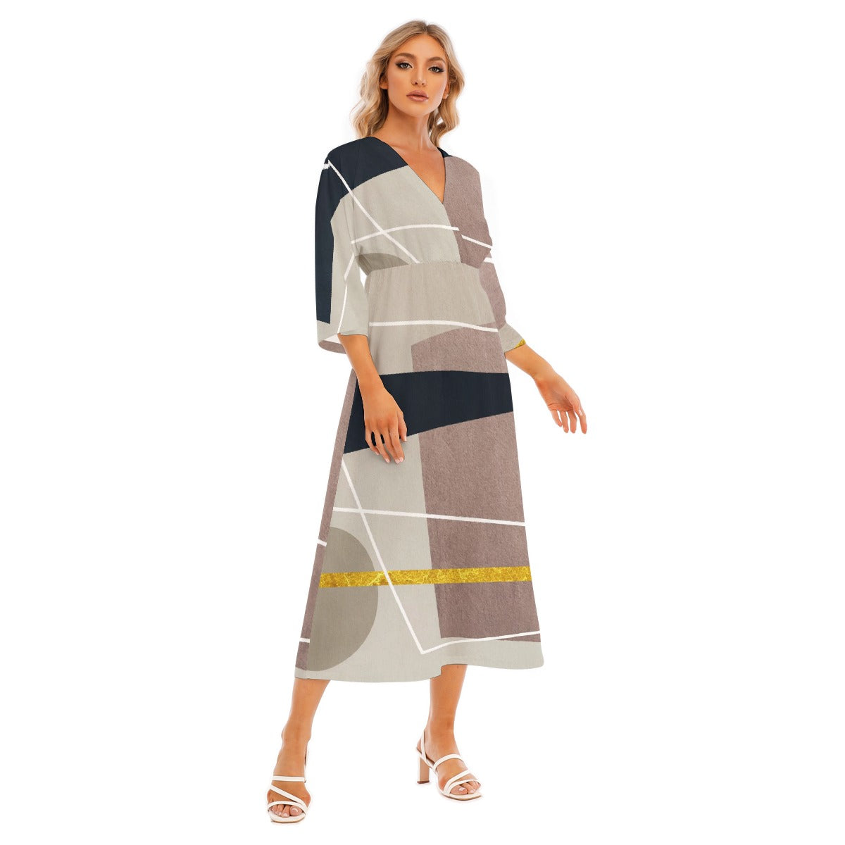 All-Over Print Women's Mid-Sleeve Long Dress