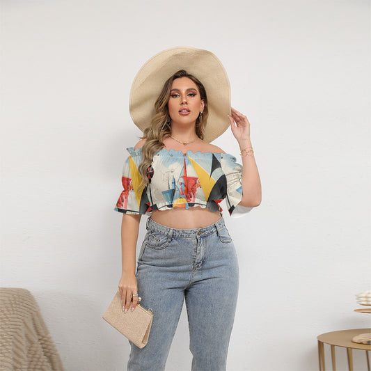 All-Over Print Women's Off-shoulder Cropped Top With Short Puff Sleeve