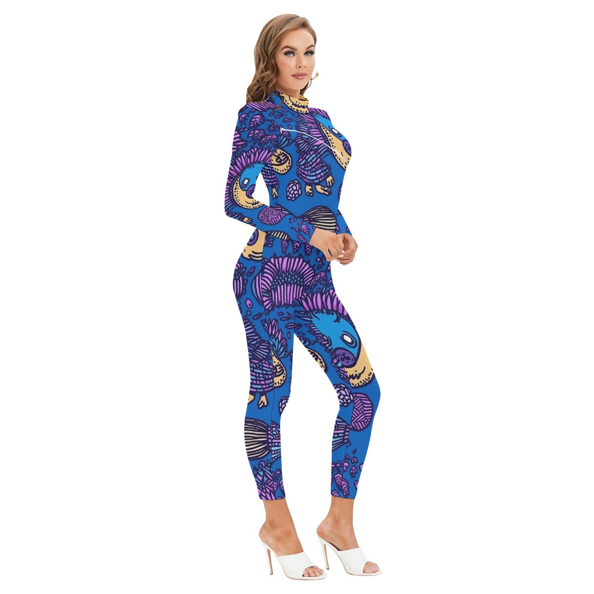 All-Over Print Women's Long-sleeved High-neck Jumpsuit With Zipper