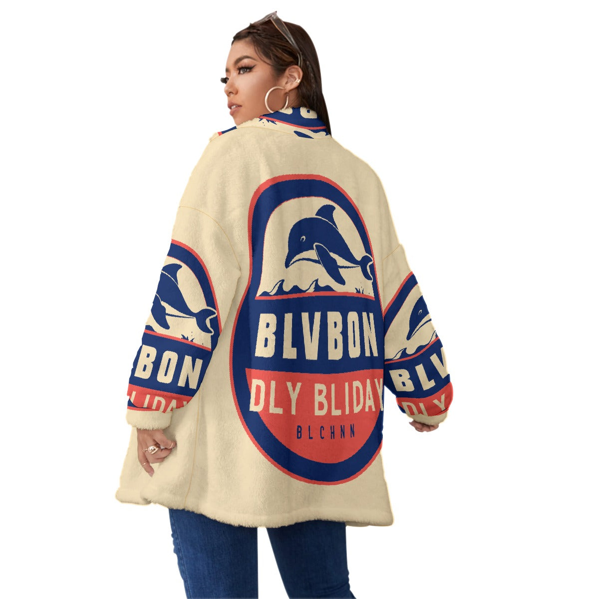 All-Over Print Unisex Borg Fleece Stand-up Collar Coat With Zipper Closure(Plus Size)