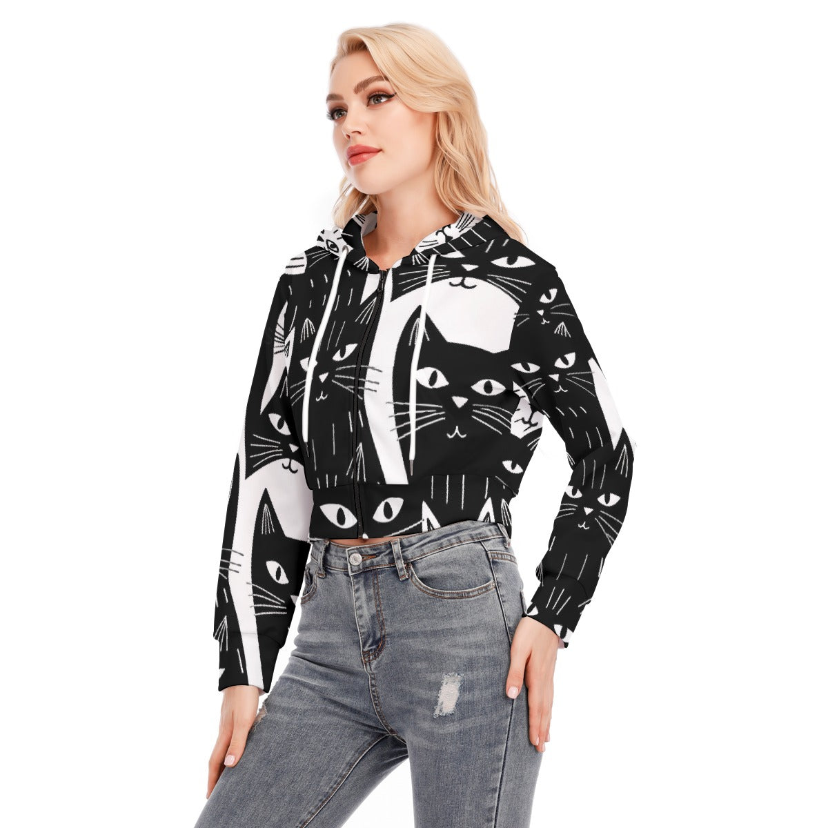 All-Over Print Women's Crop Top Hoodie With Zipper Closure