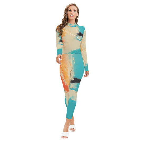 All-Over Print Women's Long-sleeved High-neck Jumpsuit With Zipper