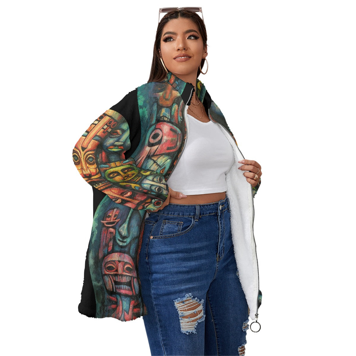 All-Over Print Unisex Borg Fleece Stand-up Collar Coat With Zipper Closure(Plus Size)