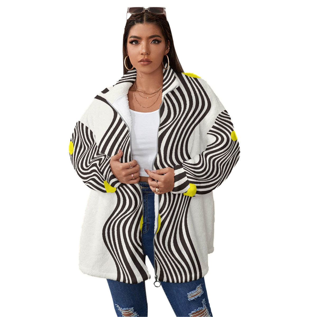 All-Over Print Unisex Borg Fleece Stand-up Collar Coat With Zipper Closure(Plus Size)