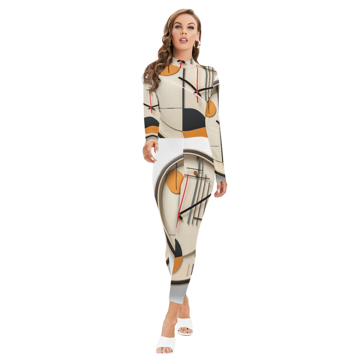 All-Over Print Women's Long-sleeved High-neck Jumpsuit With Zipper
