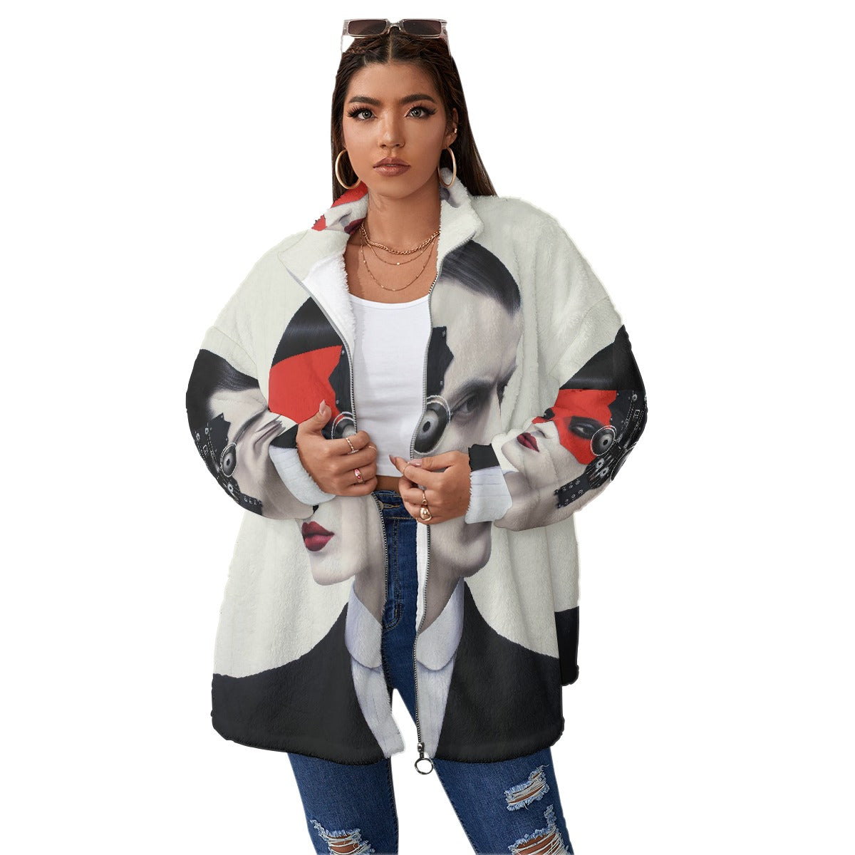 All-Over Print Unisex Borg Fleece Stand-up Collar Coat With Zipper Closure(Plus Size)