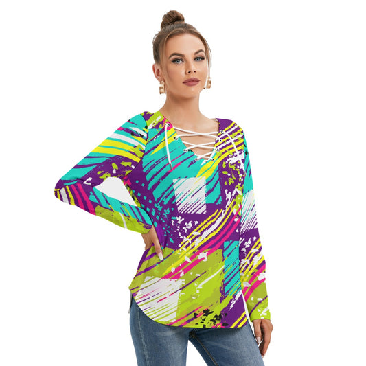 All-Over Print Women's Long Sleeve Neckline Tie Sweatshirt