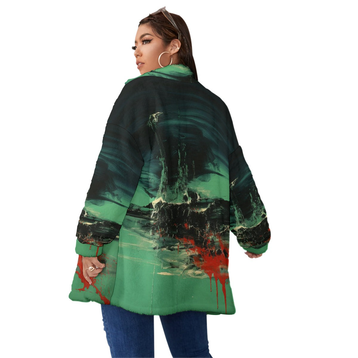 All-Over Print Unisex Borg Fleece Stand-up Collar Coat With Zipper Closure(Plus Size)