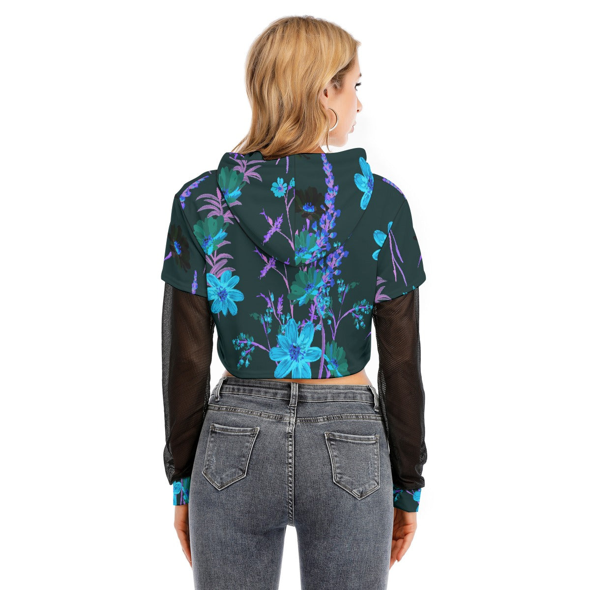 All-Over Print Women's Fake Two-piece Mesh Sleeve Cropped Hoodie