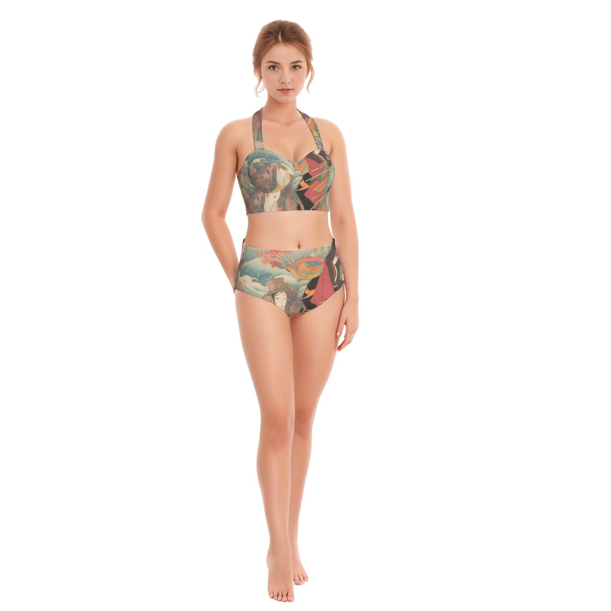 All-Over Print Women's Swimsuit Set With Halter