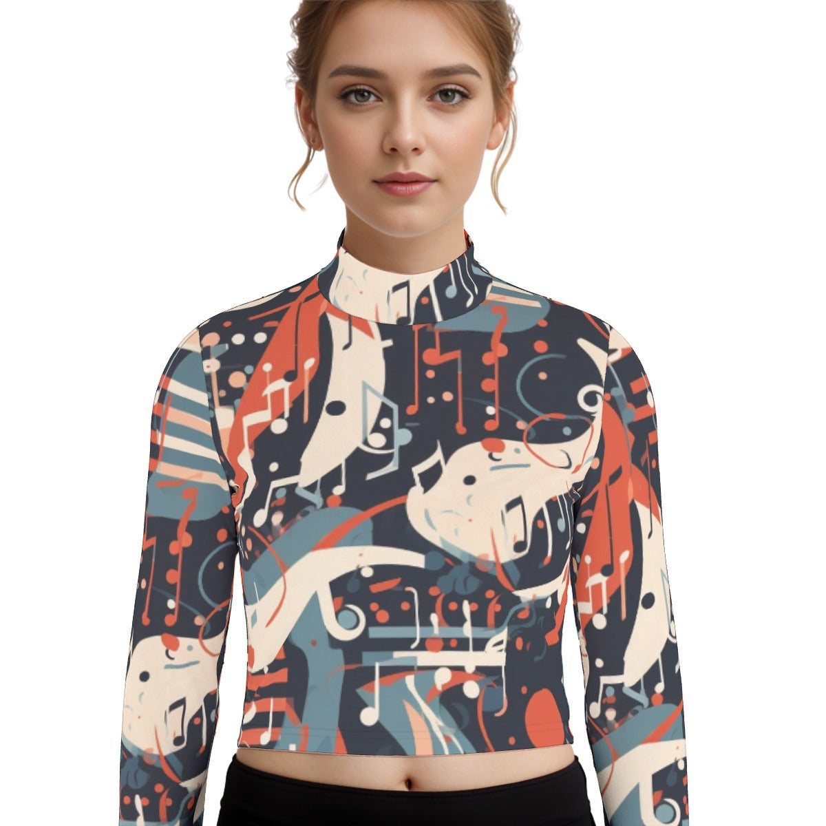 Eco-Friendly All-Over Print Women's Turtleneck T-shirt With Long Sleeve